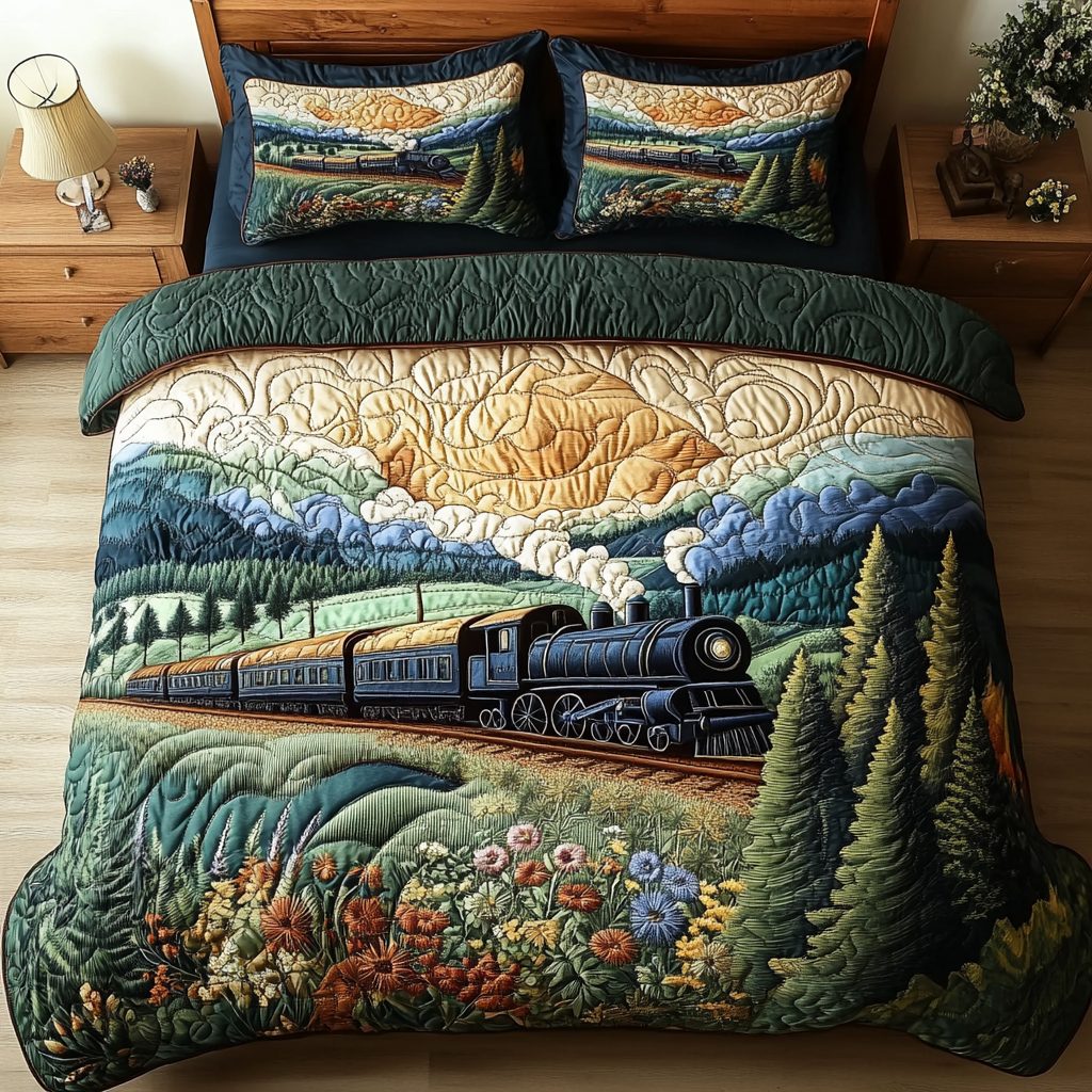 Scenic Train quilted 3-piece bedding set on a made bed with two matching pillow shams