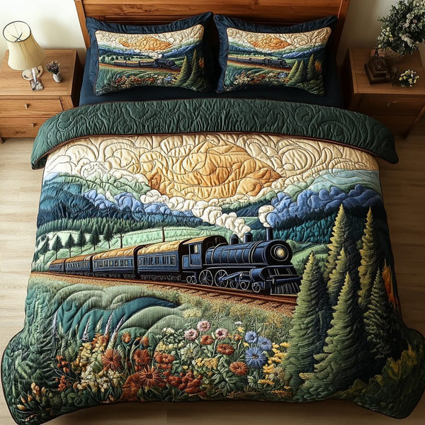 Scenic Train quilted 3-piece bedding set on a made bed with two matching pillow shams