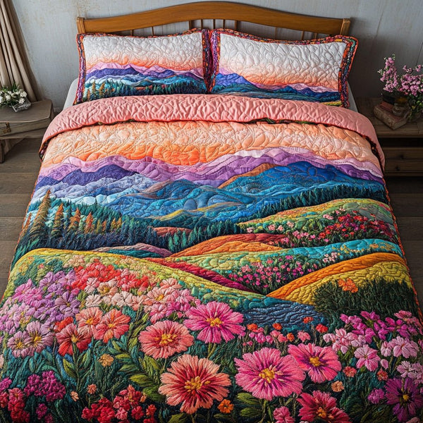 Scenic View quilted 3-piece bedding set on a made bed with two matching pillow shams
