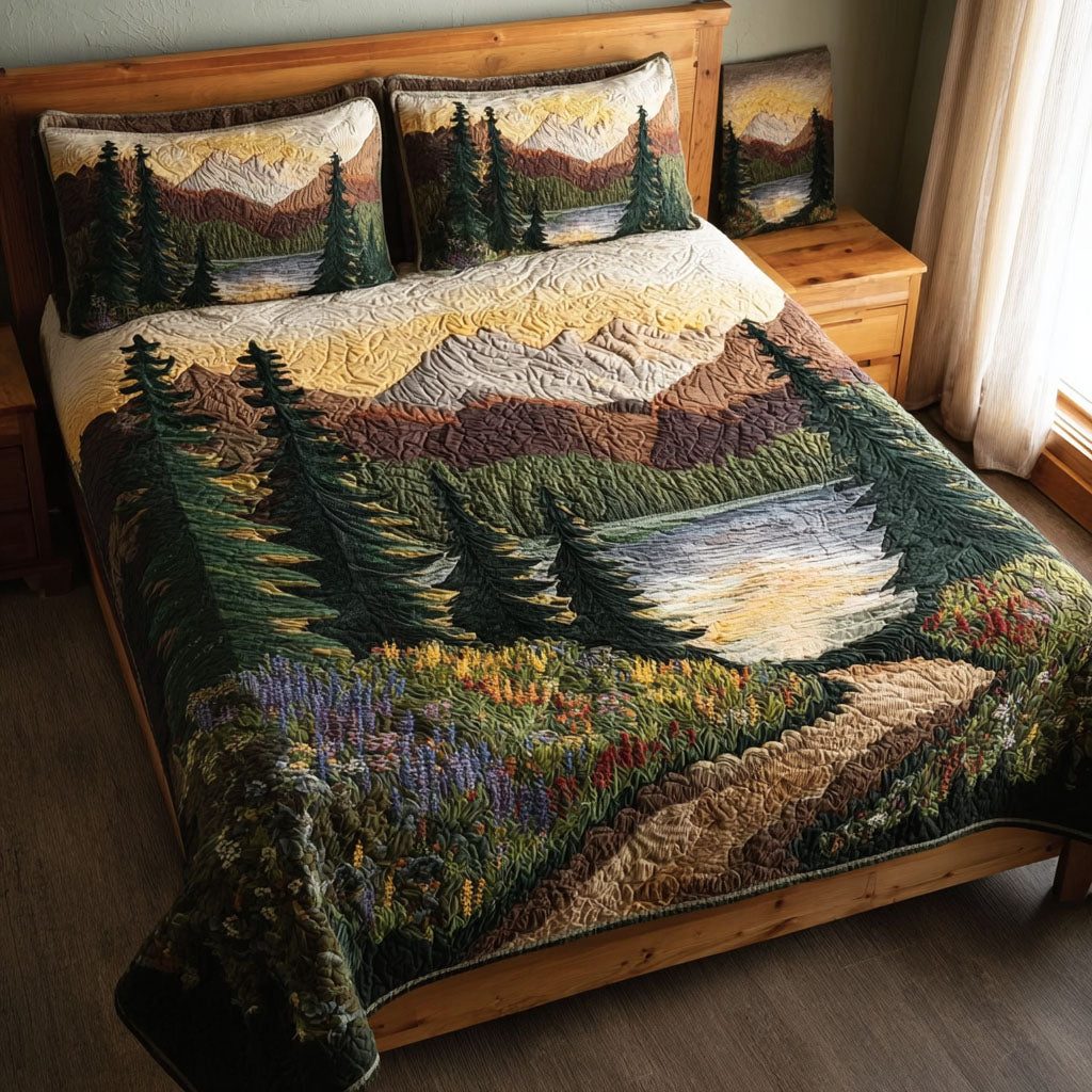 Scenic Wood quilted 3-piece bedding set on a made bed with two matching pillow shams