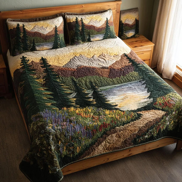 Scenic Wood quilted 3-piece bedding set on a made bed with two matching pillow shams