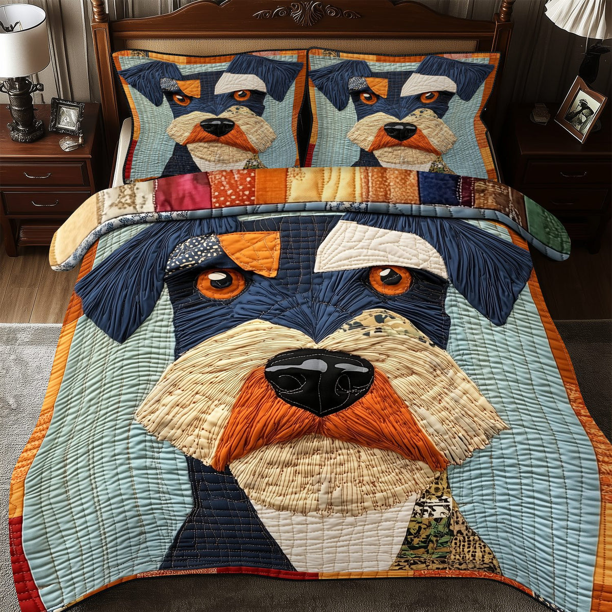Schnauzer quilted 3-piece bedding set on a made bed with two matching pillow shams