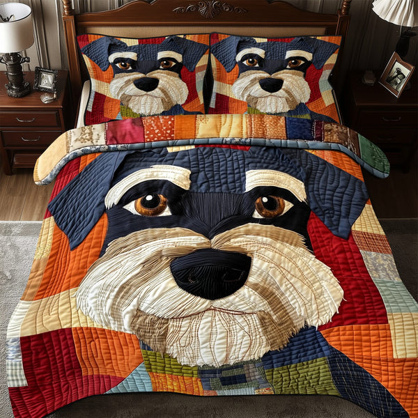 Schnauzer quilted 3-piece bedding set on a made bed with two matching pillow shams