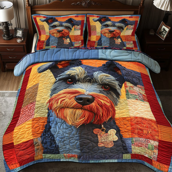 Schnauzer quilted 3-piece bedding set on a made bed with two matching pillow shams