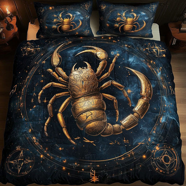 Scorpio Glow quilted 3-piece bedding set on a made bed with two matching pillow shams
