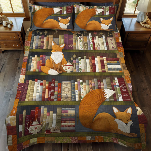 Script Shelf quilted 3-piece bedding set on a made bed with two matching pillow shams