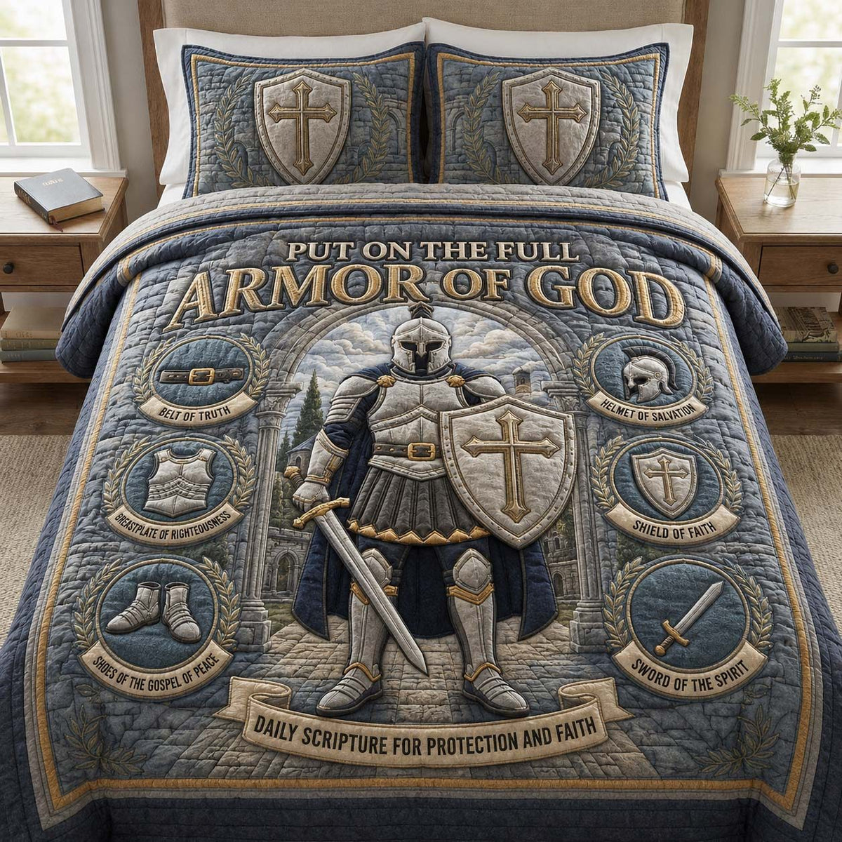 Scripture Armor Knight quilted 3-piece bedding set on a made bed in a softly lit bedroom