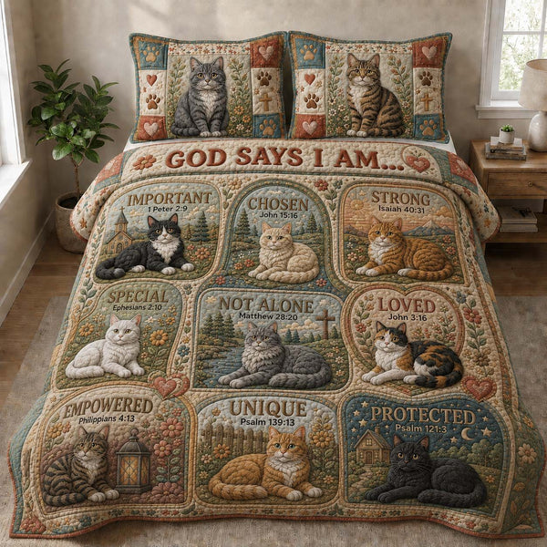Scripture Cats Affirmation Quilt quilted 3-piece bedding set on a made bed in a softly lit bedroom
