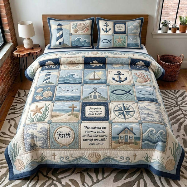 Scripture Coast quilted 3-piece bedding set on a made bed in a softly lit bedroom