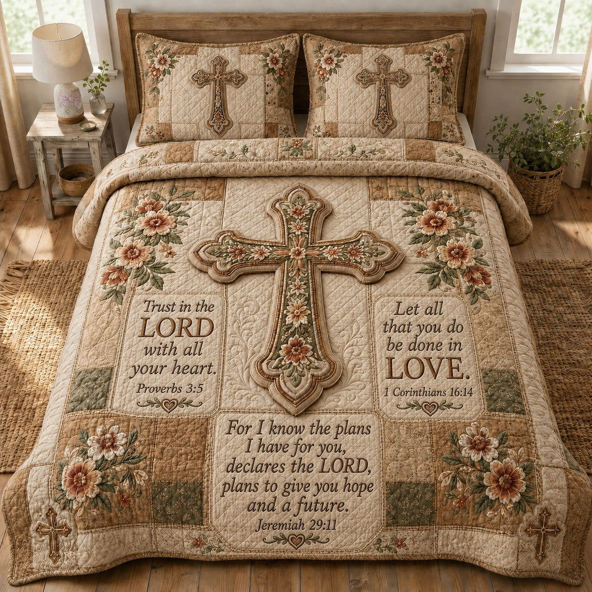 Scripture Cross Christian quilted 3-piece bedding set on a made bed in a softly lit bedroom