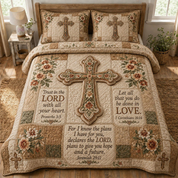 Scripture Cross Christian quilted 3-piece bedding set on a made bed in a softly lit bedroom