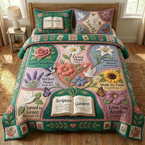Scripture Garden quilted 3-piece bedding set on a made bed in a softly lit bedroom