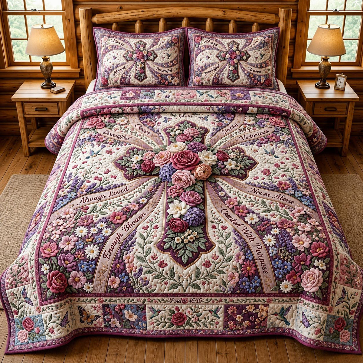 Scripture Garden quilted 3-piece bedding set on a made bed in a softly lit bedroom