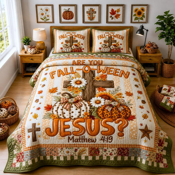 Scripture Harvest quilted 3-piece bedding set on a made bed in a softly lit bedroom