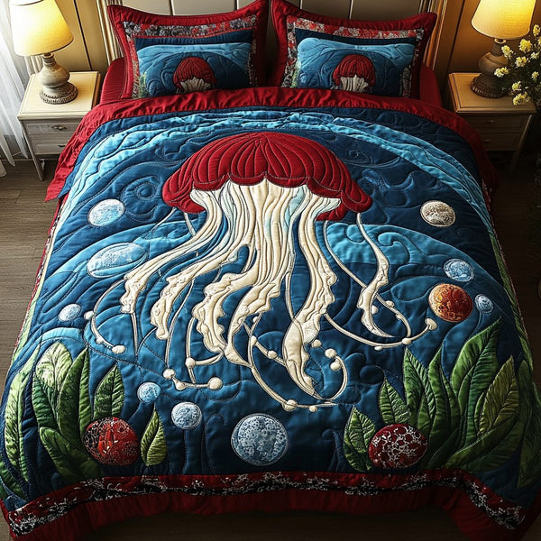 Sea Bloom quilted 3-piece bedding set on a made bed in a light coastal bedroom