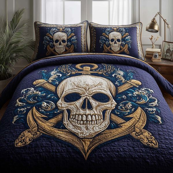 Sea Bone quilted 3-piece bedding set on a made bed against a dark styled interior