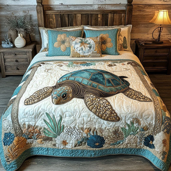 Sea Breeze Haven quilted 3-piece bedding set on a made bed in a light coastal bedroom