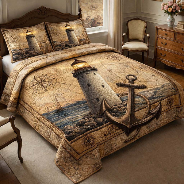 Sea Breeze quilted 3-piece bedding set on a made bed in a light coastal bedroom