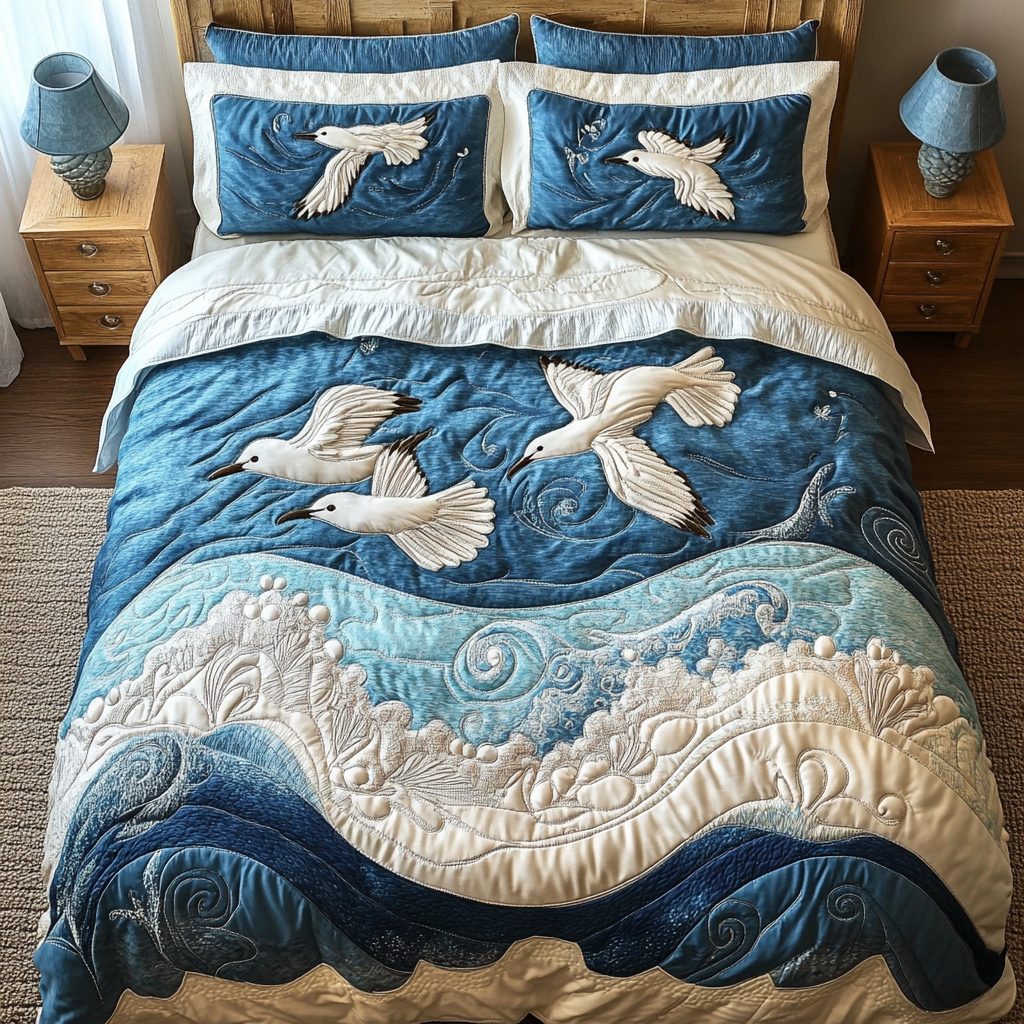 Sea Breeze quilted 3-piece bedding set on a made bed in a light coastal bedroom