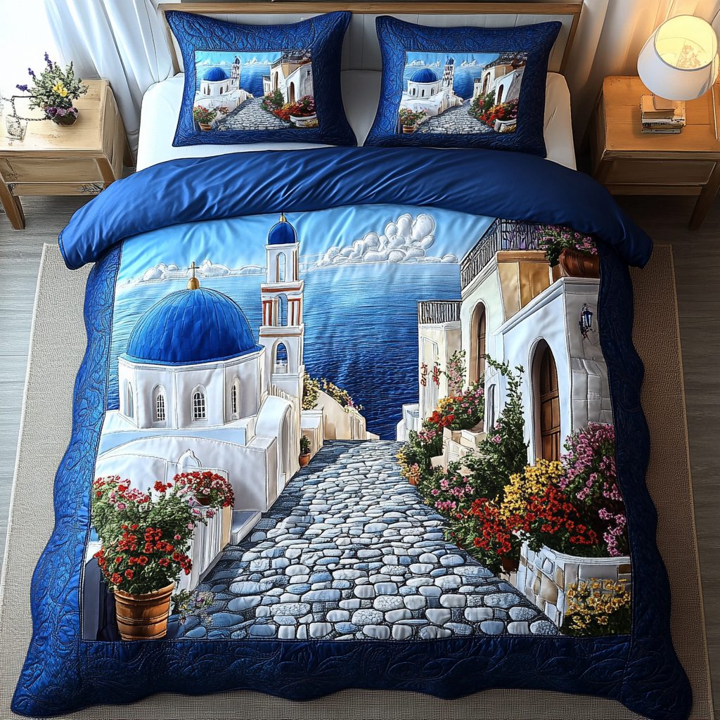 Sea Breeze quilted 3-piece bedding set on a made bed in a light coastal bedroom