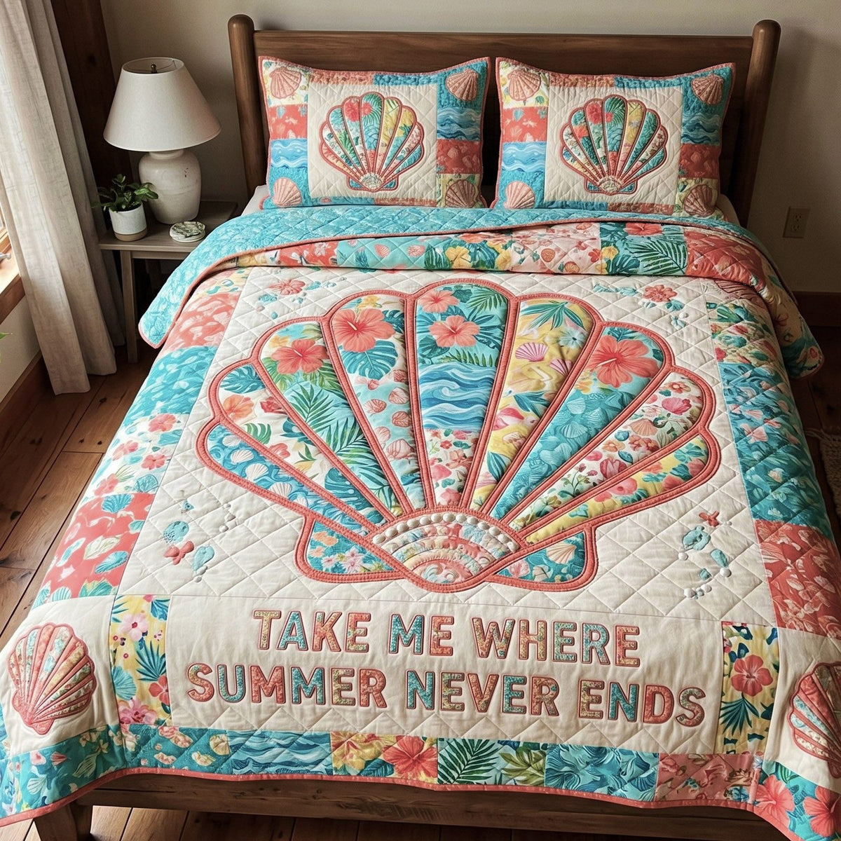 Sea Breeze quilted 3-piece bedding set on a made bed in a light coastal bedroom