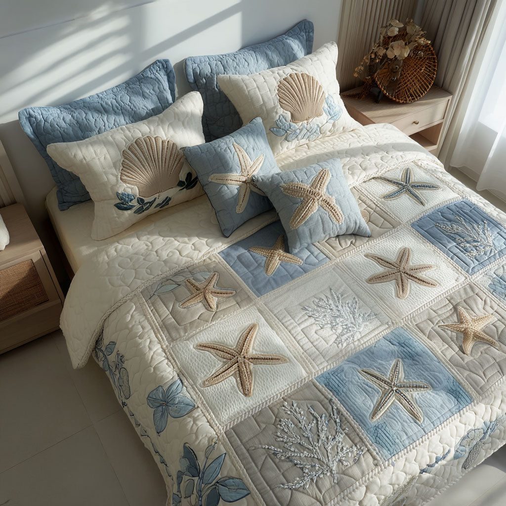 Sea Breeze quilted 3-piece bedding set on a made bed in a light coastal bedroom