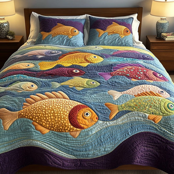 Sea Breeze quilted 3-piece bedding set on a made bed in a light coastal bedroom