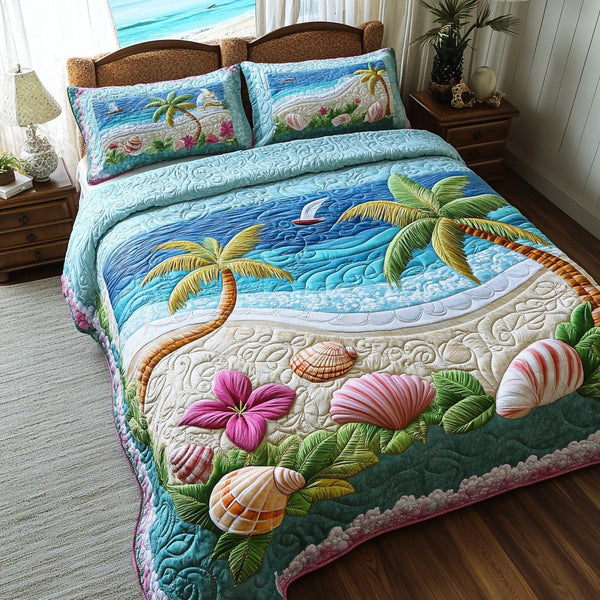 Sea Breeze quilted 3-piece bedding set on a made bed in a light coastal bedroom
