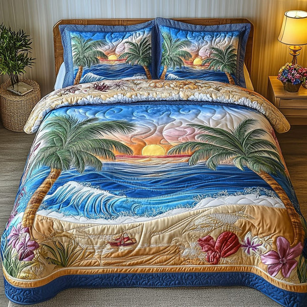 Sea Breeze quilted 3-piece bedding set on a made bed in a light coastal bedroom