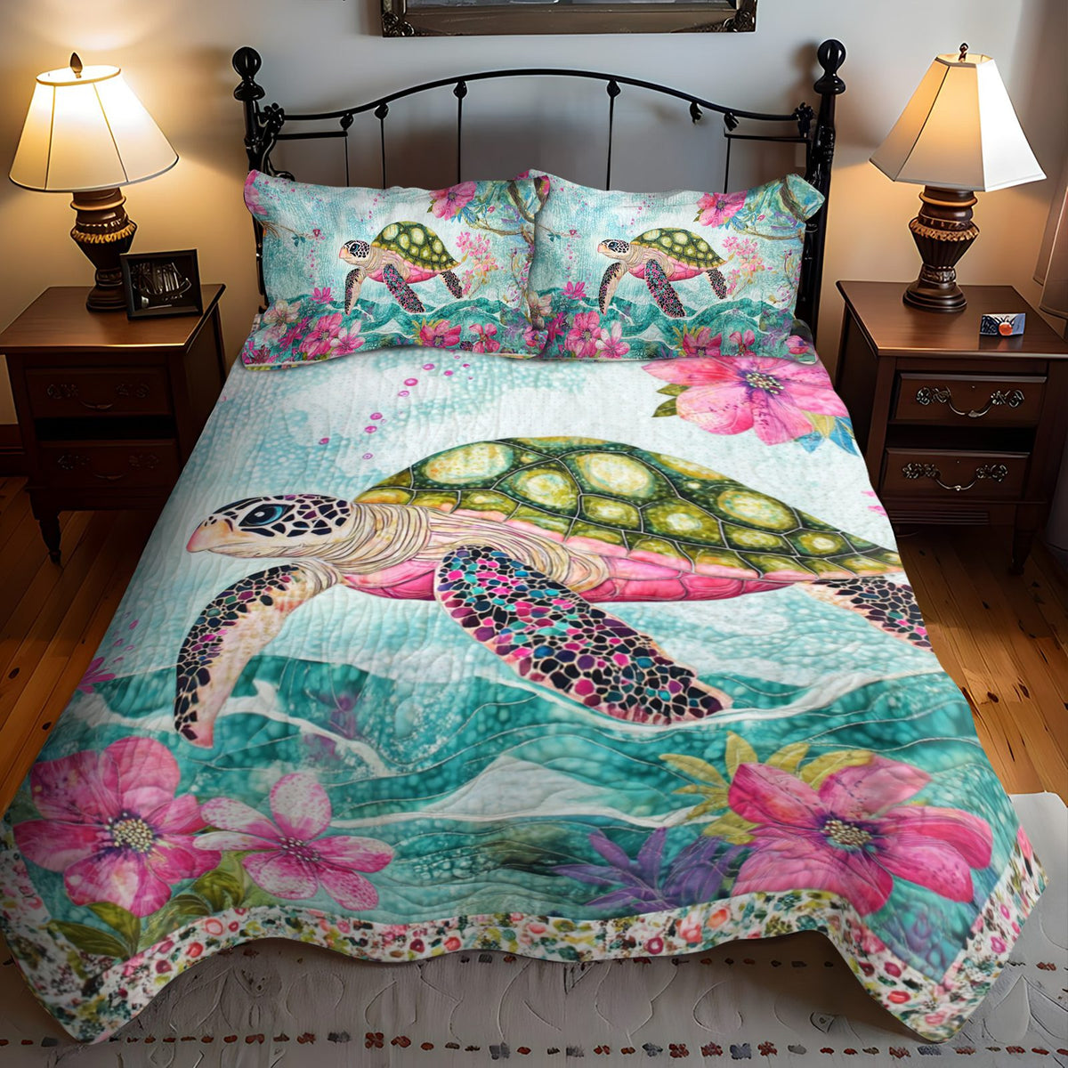 Sea Breeze Turtle quilted 3-piece bedding set on a made bed in a light coastal bedroom