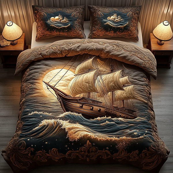 Sea Breeze Voyage quilted 3-piece bedding set on a made bed in a light coastal bedroom