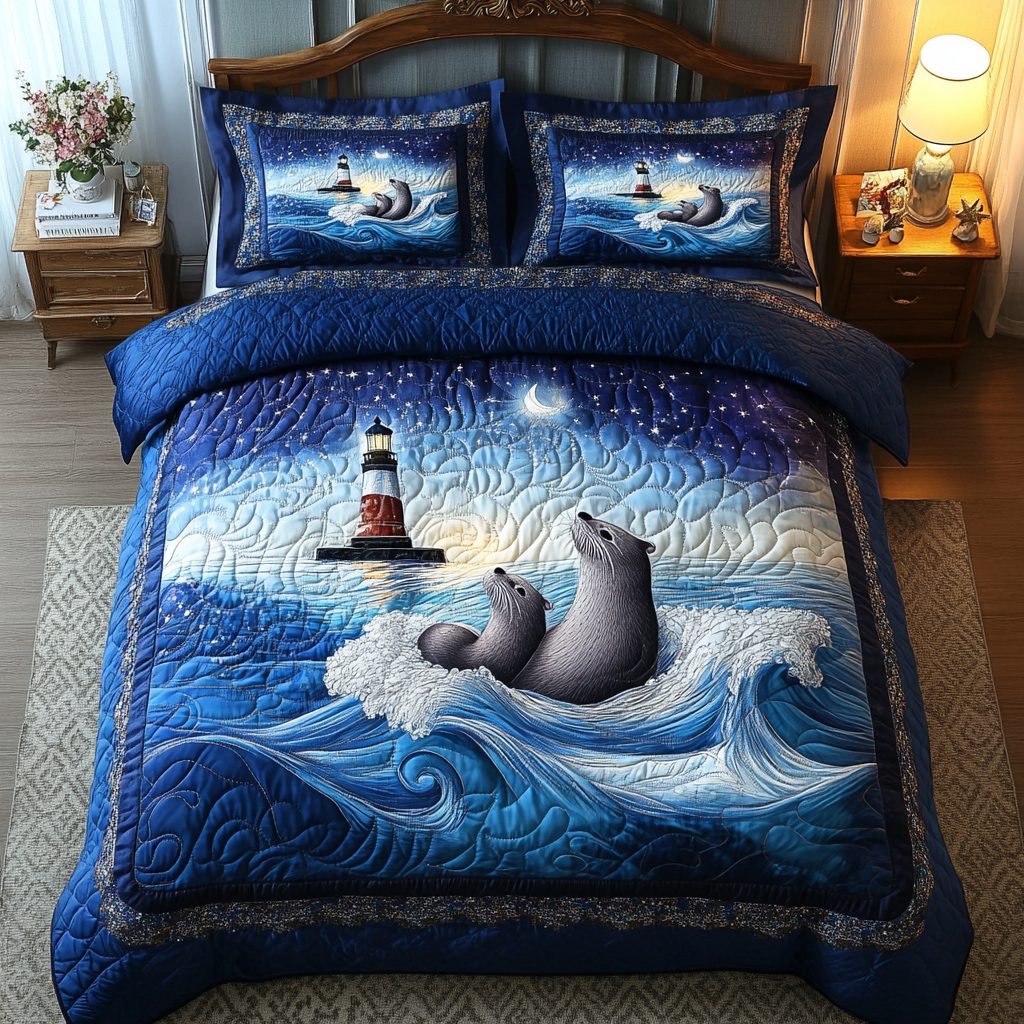 Sea Drift Otters quilted 3-piece bedding set on a made bed in a light coastal bedroom