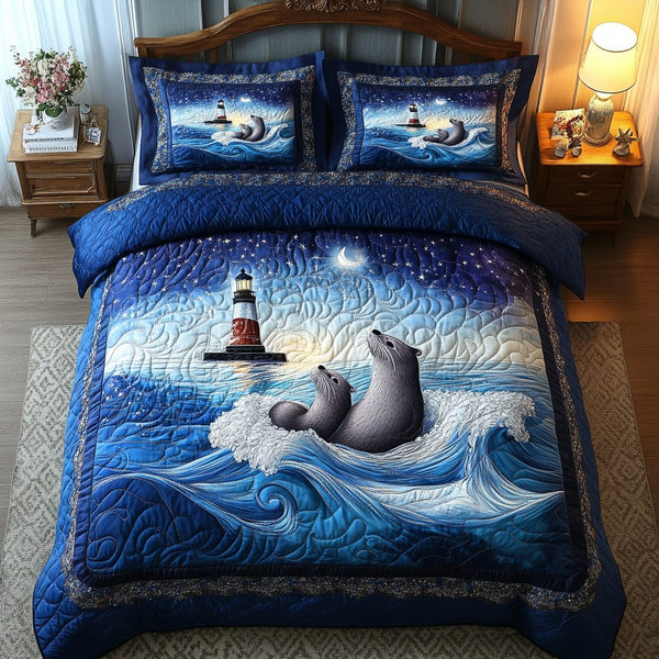 Sea Drift Otters quilted 3-piece bedding set on a made bed in a light coastal bedroom