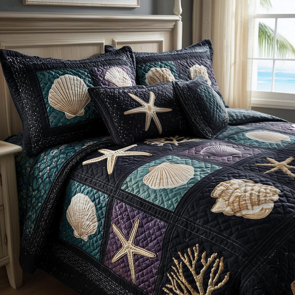 Sea Drift quilted 3-piece bedding set on a made bed in a light coastal bedroom