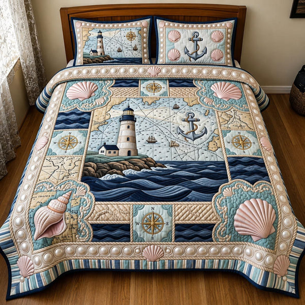 Sea Escape quilted 3-piece bedding set on a made bed in a light coastal bedroom