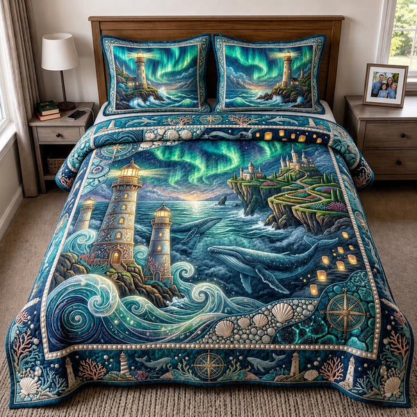 Sea Escape quilted 3-piece bedding set on a made bed in a light coastal bedroom