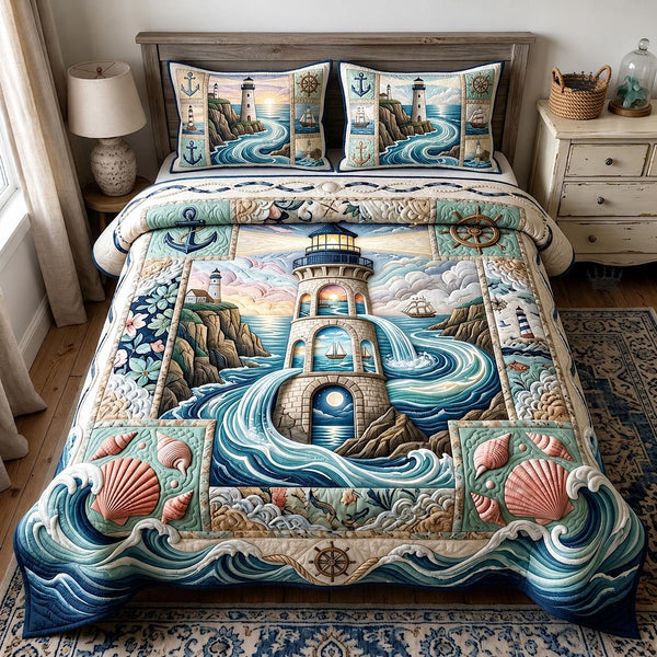 Sea Escape quilted 3-piece bedding set on a made bed in a light coastal bedroom