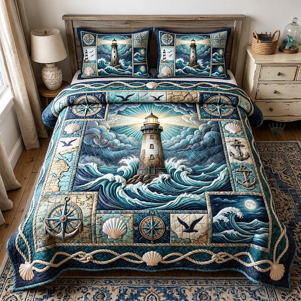 Sea Escape quilted 3-piece bedding set on a made bed in a light coastal bedroom