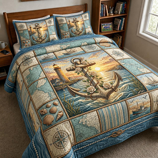 Sea Escape quilted 3-piece bedding set on a made bed in a light coastal bedroom