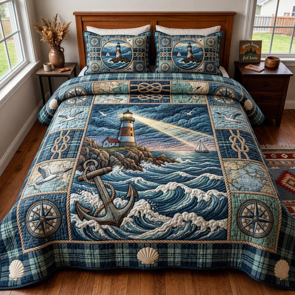 Sea Escape quilted 3-piece bedding set on a made bed in a light coastal bedroom