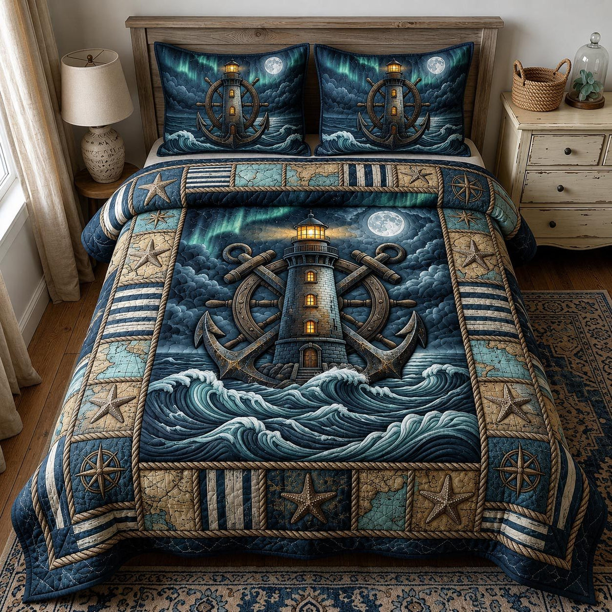 Sea Escape quilted 3-piece bedding set on a made bed in a light coastal bedroom