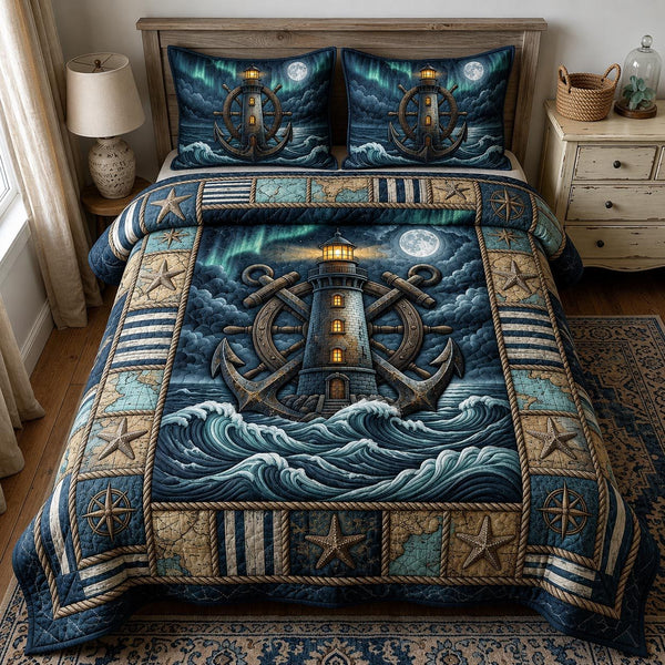 Sea Escape quilted 3-piece bedding set on a made bed in a light coastal bedroom