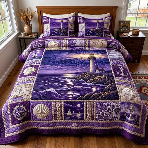 Sea Escape quilted 3-piece bedding set on a made bed in a light coastal bedroom