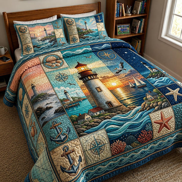 Sea Escape quilted 3-piece bedding set on a made bed in a light coastal bedroom