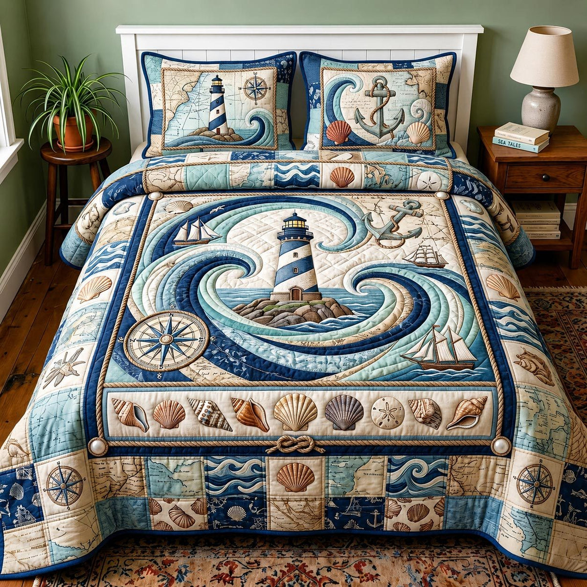 Sea Escape quilted 3-piece bedding set on a made bed in a light coastal bedroom
