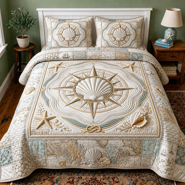 Sea Escape quilted 3-piece bedding set on a made bed in a light coastal bedroom