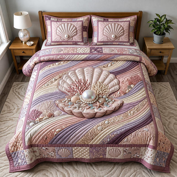 Sea Escape quilted 3-piece bedding set on a made bed in a light coastal bedroom