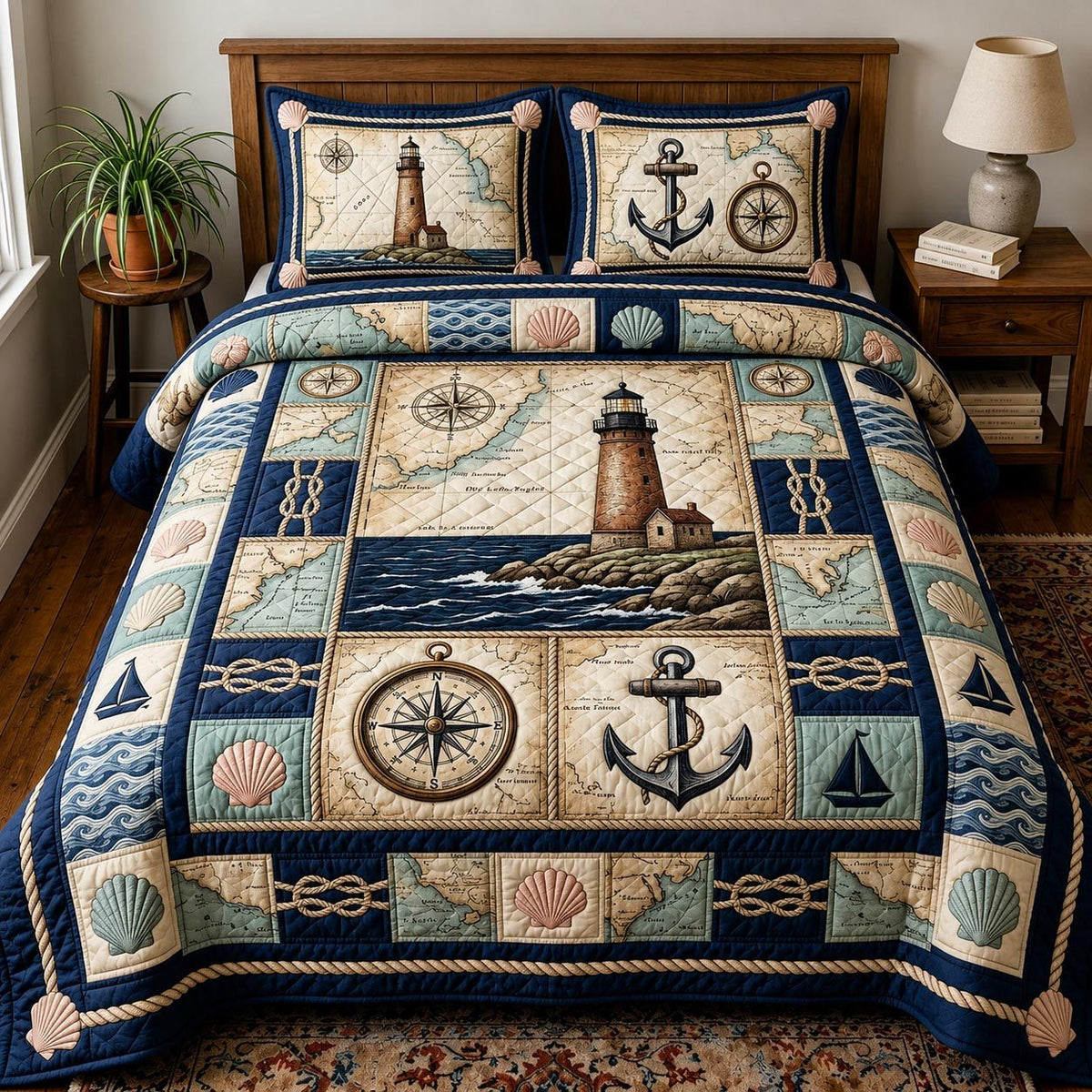 Sea Escape quilted 3-piece bedding set on a made bed in a light coastal bedroom