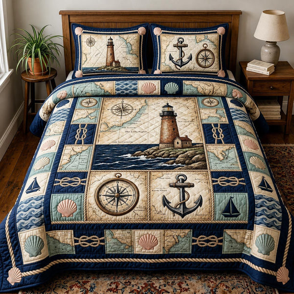 Sea Escape quilted 3-piece bedding set on a made bed in a light coastal bedroom