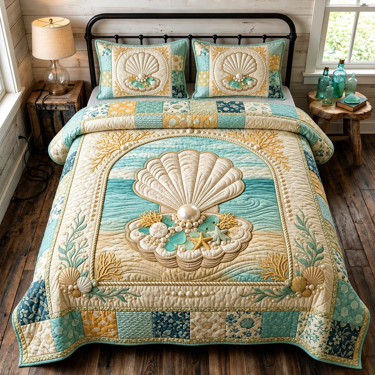Sea Escape quilted 3-piece bedding set on a made bed in a light coastal bedroom